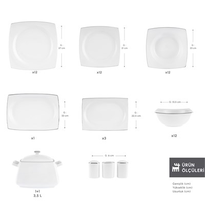 Karaca Square Bone Talia 60 Parça 12 Kişilik Yemek Takımı Platin