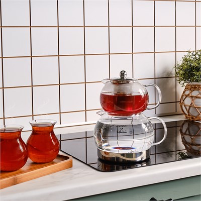 Karaca x Refika Gönlübol İndüksiyon Tabanlı Cam Mini Çaydanlık Takımı 0,6L & 1,5L