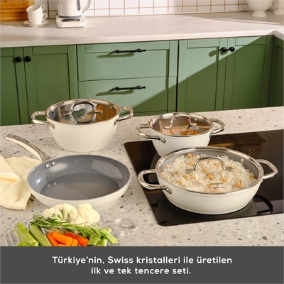 Karaca x Refika Swiss Crystal Creamy Metal Kulplu 7 Parça Tencere ve Tava Seti Krem