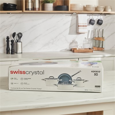 Karaca x Refika Swiss Crystal Creamy Metal Kulplu 7 Parça Tencere ve Tava Seti Krem