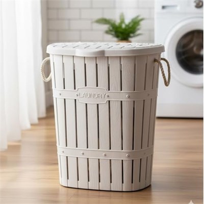 Kastamonu Plastik Bambu Halatlı Kirli Çamaşır Sepeti 65 L-BEYAZ