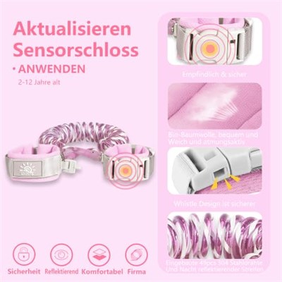 Kaybolmayı Önleyici Bilek Bağlantısı, Anahtar Kilitli Çocuk Güvenlik Tasması, Yansıtıcı Çocuk Yürüyüş Koşum Halatı Tasma Çocuklar/Bebekler için, (Pembe 2M/6,5 ft)