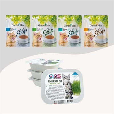 Kediler İçin Ödül Seti1 (4 Farklı Aromalı Kedi Çorbası + Kedi Çimi)