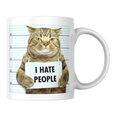 Kedili Kupa Bardak Komik Yazılı I Hate People Hediyelik Kahve Çay Kupası