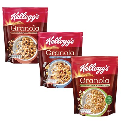 Kellogg’s 3’lü Granola Paketi,Çikolata Parçacıklı Fındık,Karışık Meyveli,Antep Fıstıklı Beyaz Çikolata