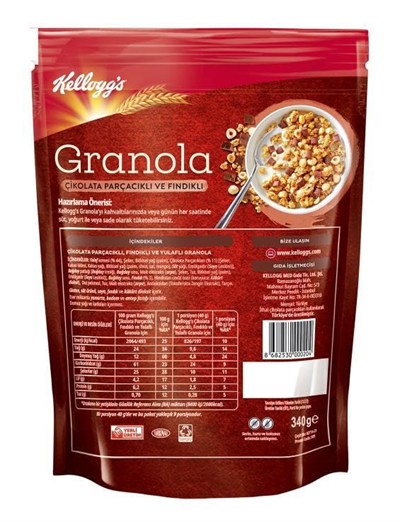 Kelloggs Çikolata Parçacıklı&Fındıklı Granola 340 Gr x 3 Adet,%44 Yulaf içerir,Lif Kaynağı