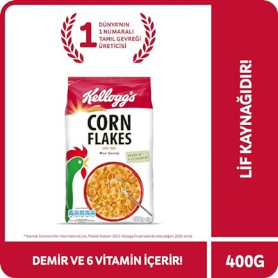 Kelloggs Corn Flakes Çıtır Altın Renginde Kahvaltılık Mısır Gevreği 400 Gr,Lif Kaynağı,Demir ve 6 Vitamin içerir,Folik Asit içerir