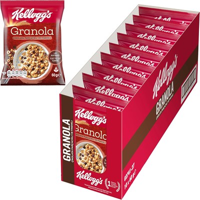 Kelloggs Granola Çikolata Parçacıklı ve Fındıklı 60 Gr x10 Adet,% 45 Yulaf içerir,Lif Kaynağı,%11 Belçika Çikolata Parçaları,Antioksidan içerir,Kahvaltılık Gevrek,Müsli,Atıştırmalık