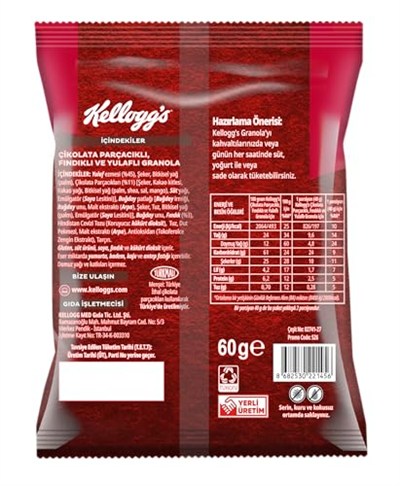 Kelloggs Granola Çikolata Parçacıklı ve Fındıklı 60 Gr x10 Adet,% 45 Yulaf içerir,Lif Kaynağı,%11 Belçika Çikolata Parçaları,Antioksidan içerir,Kahvaltılık Gevrek,Müsli,Atıştırmalık