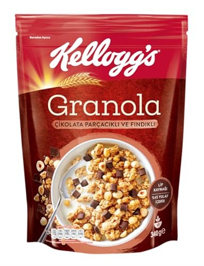 Kelloggs Granola Çikolata Parçacıklı ve Fındıklı 340 Gr,%44 Yulaf içerir,Lif Kaynağı,%11 Belçika Çikolata Parçaları,Antioksidan içerir,Kahvaltılık Gevrek,Müsli