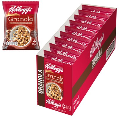 Kelloggs Granola Çikolata Parçacıklı ve Fındıklı 60 Gr x10 Adet,% 45 Yulaf içerir,Lif Kaynağı,%11 Belçika Çikolata Parçaları,Antioksidan içerir,Kahvaltılık Gevrek,Müsli,Atıştırmalık