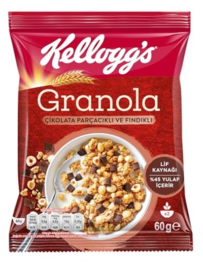 Kelloggs Granola Çikolata Parçacıklı ve Fındıklı 60 Gr x10 Adet,% 45 Yulaf içerir,Lif Kaynağı,%11 Belçika Çikolata Parçaları,Antioksidan içerir,Kahvaltılık Gevrek,Müsli,Atıştırmalık