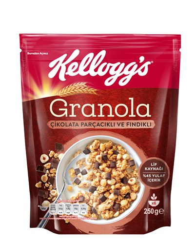 Kelloggs Granola Çikolata Parçacıklı ve Fındıklı 250 Gr,%45 Yulaf içerir,Lif Kaynağı, Belçika Çikolata Parçaları,Antioksidan içerir,Kahvaltılık Gevrek,Müsli