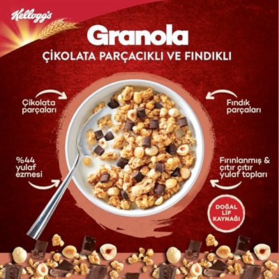 Kelloggs Granola Çikolata Parçacıklı ve Fındıklı 340 Gr,%44 Yulaf içerir,Lif Kaynağı,%11 Belçika Çikolata Parçaları,Antioksidan içerir,Kahvaltılık Gevrek,Müsli