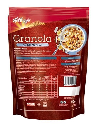 Kelloggs Granola Karışık Meyveli 340 Gr x 5 Adet,%45 Yulaf içerir, Lif Kaynağı,%20 Kurutulmuş Meyve