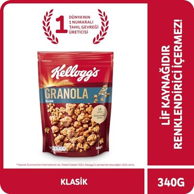 Kelloggs Granola Klasik 340 gr,%56 Yulaf içerir,Lif Kaynağı,Antioksidan içerir,Tahıl Gevreği,Kahvaltılık Müsli,Atıştırmalık