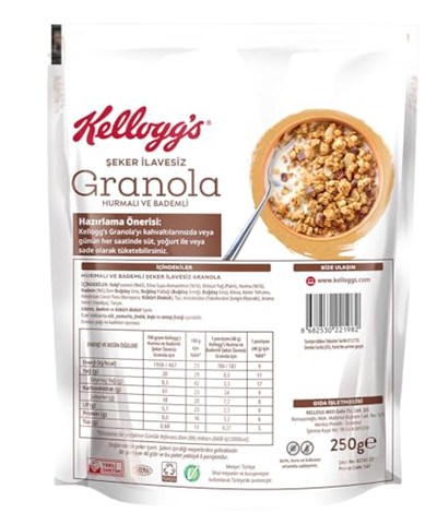 Kelloggs İlave Şekersiz Granola Hurmalı ve Bademli 250 G,%43 Yulaf içerir,Lif Kaynağı,%10 Hurma içerir