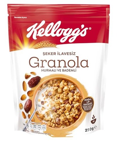 Kelloggs İlave Şekersiz Granola Hurmalı ve Bademli 250 G,%43 Yulaf içerir,Lif Kaynağı,%10 Hurma içerir