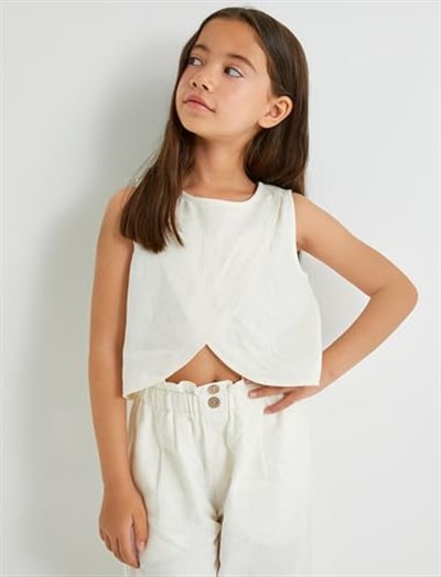 Keten Bluz Asimetrik Kesim Yuvarlak Yaka