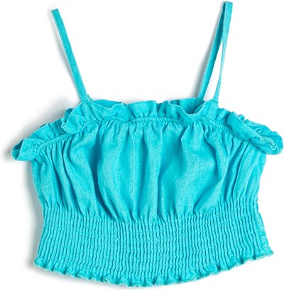 Keten Crop Bluz Askılı Fırfırlı Gipe Detaylı