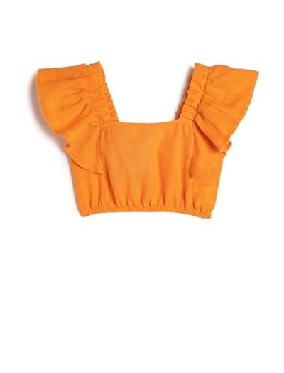 Keten Crop Bluz Kelebek Kollu Kare Yaka