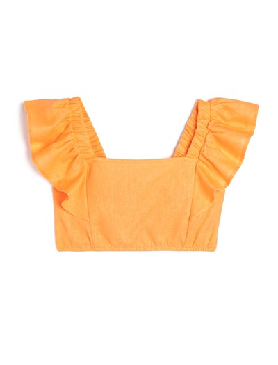 Keten Crop Bluz Kelebek Kollu Kare Yaka