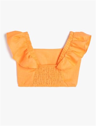 Keten Crop Bluz Kelebek Kollu Kare Yaka