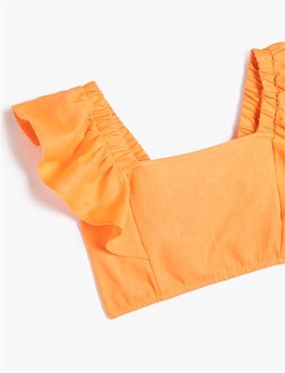 Keten Crop Bluz Kelebek Kollu Kare Yaka