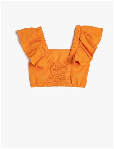 Keten Crop Bluz Kelebek Kollu Kare Yaka