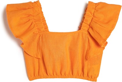 Keten Crop Bluz Kelebek Kollu Kare Yaka