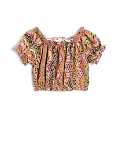 Keten Karışımlı Crop Bluz Beli ve Kolları Lastikli
