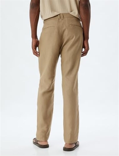 Keten Pantolon Slim Fit Chino Düğmeli Cep Detaylı