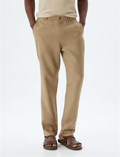 Keten Pantolon Slim Fit Chino Düğmeli Cep Detaylı