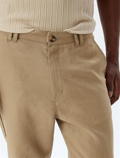 Keten Pantolon Slim Fit Chino Düğmeli Cep Detaylı