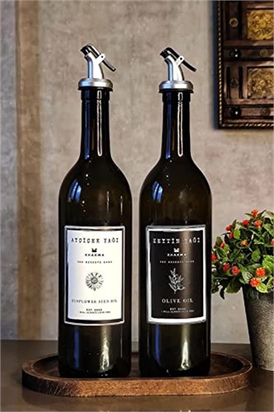 KHAKMA Ahşap Stantlı Amber 2li 750 ML Zeytinyağı Sıvıyağ Şişesi YAĞDANLIK 750 SB STANTLI