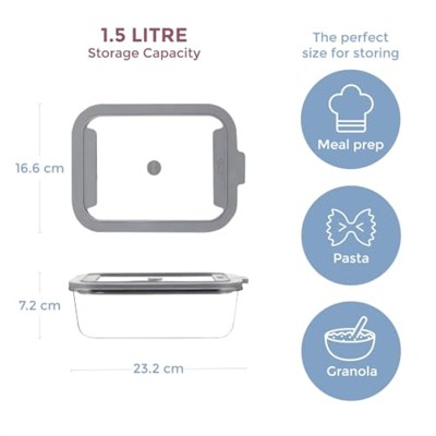 Kilner Fresh Storage 1,5 litre | hava geçirmez saklama kabı, borosilikat cam | mikrodalga fırına uygun | sızdırmaz kapak, vakum contalı | gıda saklama kutusu | istiflenebilir