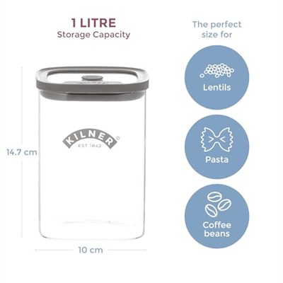 Kilner Taze saklama kavanozu, 1 litre cam gıda kabı, vakumlu sızdırmaz kapaklı, BPA içermeyen cam, hava geçirmez, istiflenebilir, kolay dökülen tasarım | Çay, kahve, şeker ve daha fazlası için ideal