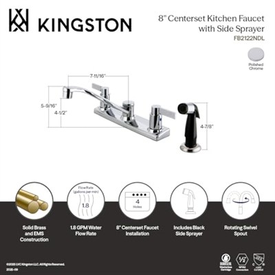 Kingston Brass FB2122NDL NuvoFusion Mutfak Bataryası, 2 Kollu, 20 cm Centerset, Yan Püskürtücülü, Parlak Krom