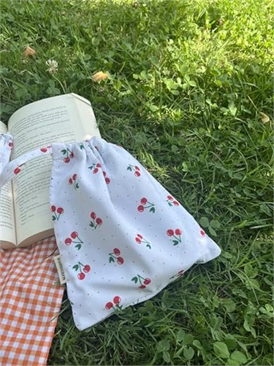 Kiraz Desenli Çevre Dostu Bez Kese,Keten Büzgülü İpli Düzenleyici Kese,Hediye Kesesi,Makyaj Çantası
