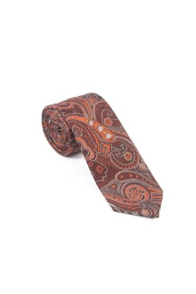 Kiremit Beyaz Şal Motif Desen Kravat Mendil Set