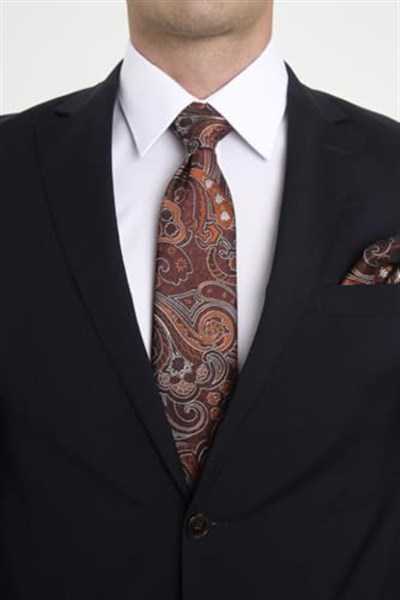 Kiremit Beyaz Şal Motif Desen Kravat Mendil Set