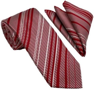 Kırmızı Beyaz Çizgili Kravat Mendil Set