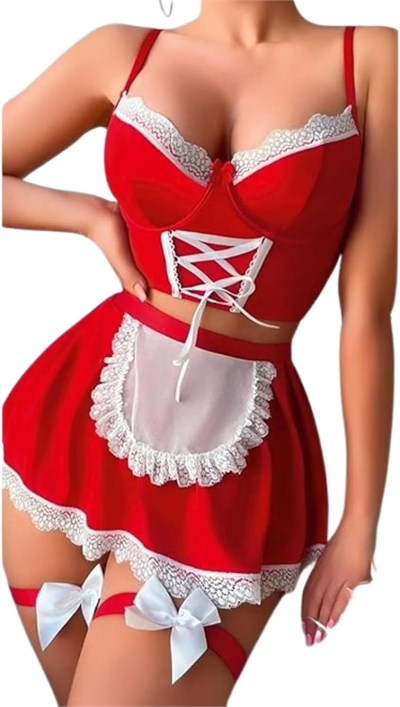 Kırmızı Beyaz S/M-L/XL Beden Etekli Hizmetçi Fantezi Kostüm