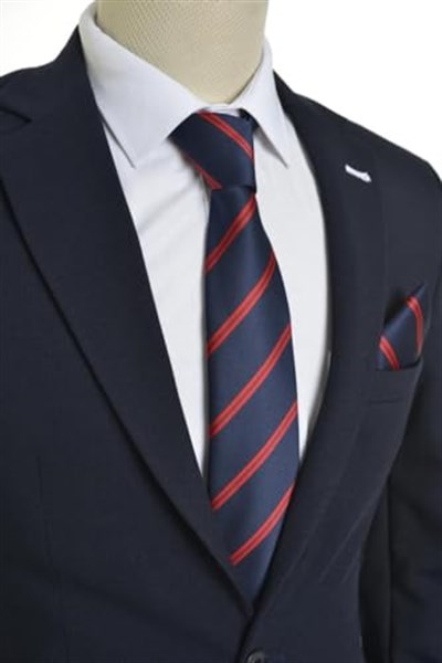 Kırmızı Çizgili Lacivert Mendilli Kravat