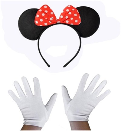 Kırmızı Fiyonklu Minnie Mouse Tacı Ve Beyaz Eldiven Seti