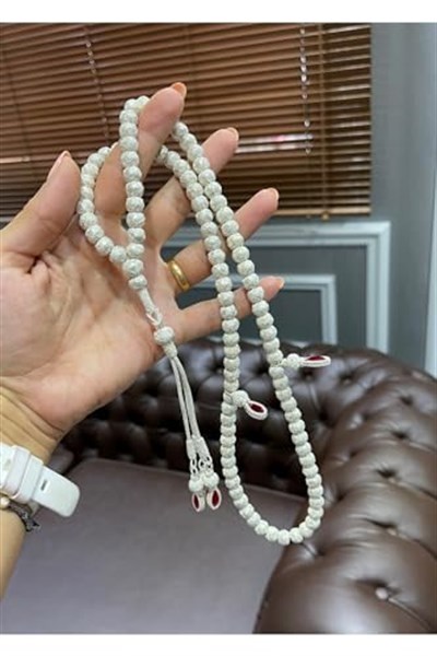 Kırmızı Zirkon Taş Detaylı Gümüş Kazaziye Namaz Tesbihi-1