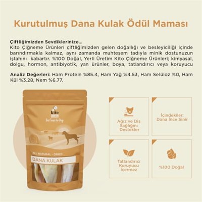 Kito Kurutulmuş Dana Kulak Çiğnemelik Köpek Ödül Maması%100 Doğal, Glutensiz, Organik 100 gr (Dog Treat)