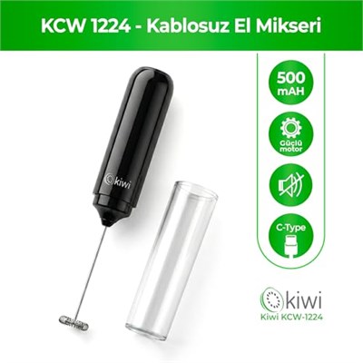 Kiwi KCW-1224 Şarjlı Kablosuz Mini Mikser – Tek Bardaklık Ayran, Kahve ve Yumurta Çırpıcı, Kapaklı Type-C Güçlü Süt Köpürtücü