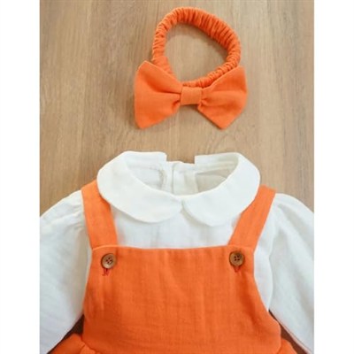 Kız Bebek ve Çocuk Müslin Kumaş Bandanalı Üçlü Elbise