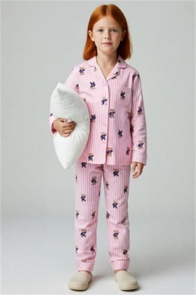 Kız Çocuk Gömlek Yaka Standart Kol Regular Kalıp Örme Çizgili Pijama Takımı - Seçenekler: 3-4 Yıl, 4-5 Yıl, 5-6 Yıl, 6-7 Yıl, 7-8 Yıl, 8-9 Yıl...